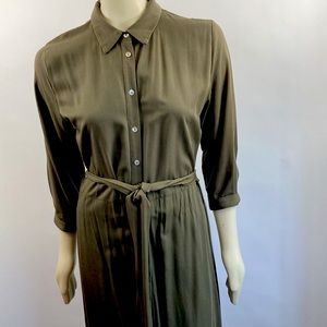 SEN Shirt Dress with self-belt, Olive, 3/4 Sleeve, Midi, EUC